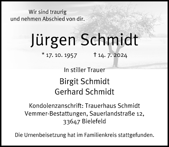 Traueranzeige von Jürgen Schmidt von Neue Westfälische