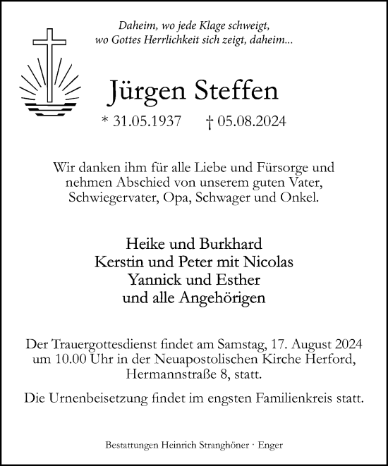 Traueranzeige von Jürgen Steffen von Neue Westfälische