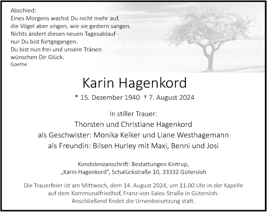 Traueranzeige von Karin Hagenkord von Neue Westfälische