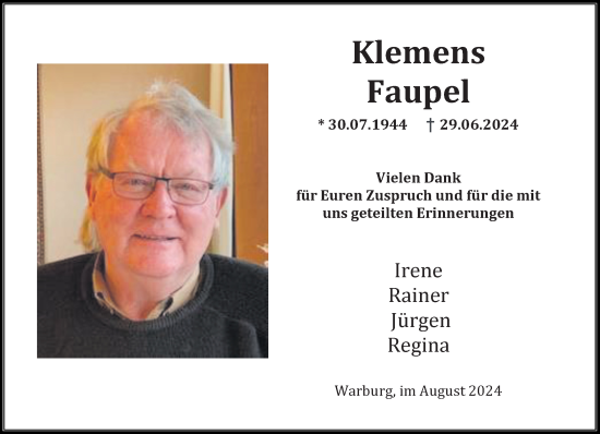 Traueranzeige von Klemens Faupel von Neue Westfälische