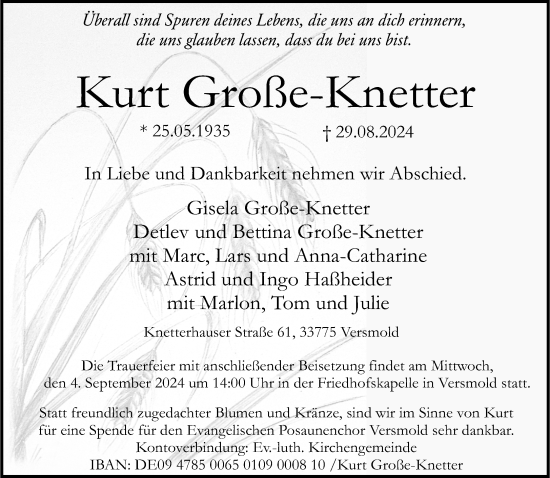 Traueranzeige von Kurt Große-Knetter von Neue Westfälische