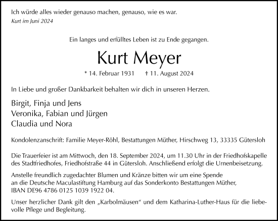 Traueranzeige von Kurt Meyer von Neue Westfälische