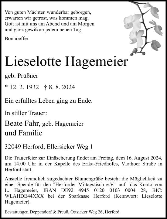 Traueranzeige von Lieselotte Hagemeier von Neue Westfälische