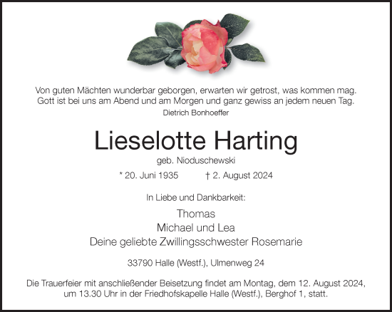 Traueranzeige von Lieselotte Harting von Neue Westfälische