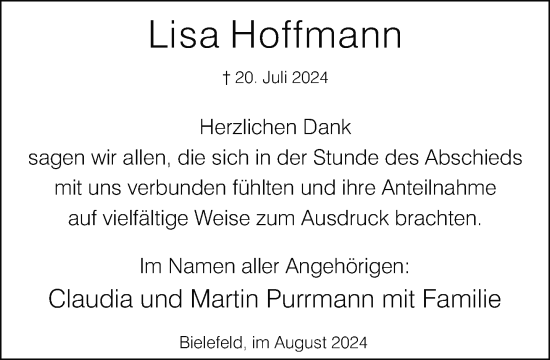 Traueranzeige von Lisa Hoffmann von Neue Westfälische