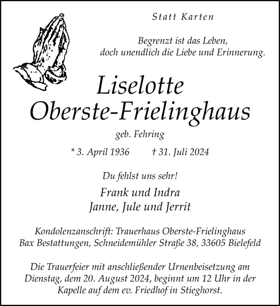 Traueranzeige von Liselotte Oberste-Frielinghaus von Neue Westfälische