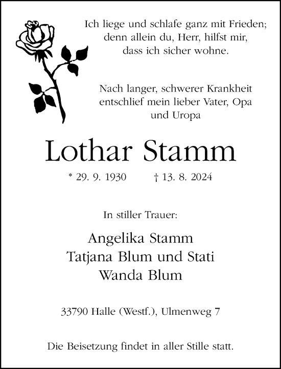 Traueranzeige von Lothar Stamm von Neue Westfälische