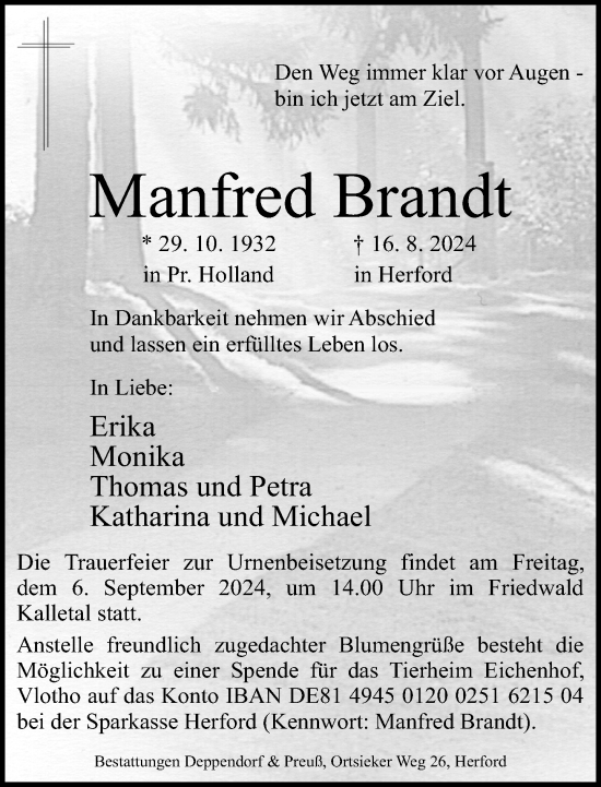 Traueranzeige von Manfred Brandt von Neue Westfälische