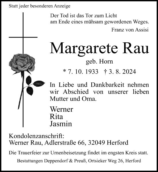 Traueranzeige von Margarete Rau von Neue Westfälische