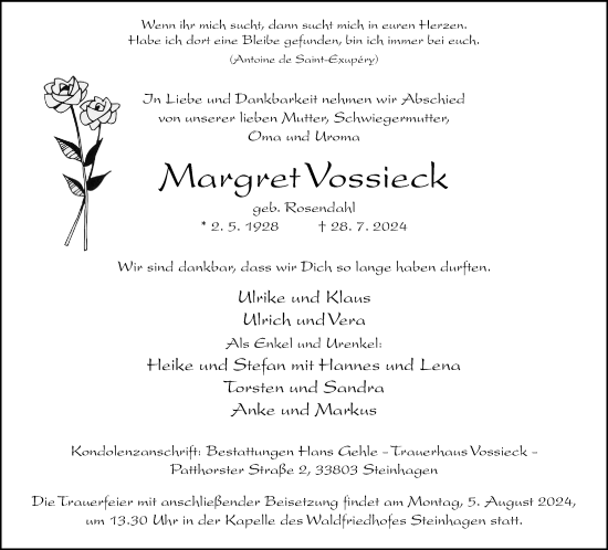 Traueranzeige von Margret Vossieck von Neue Westfälische