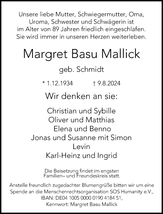 Traueranzeige von Margret Basu Mallick von Neue Westfälische