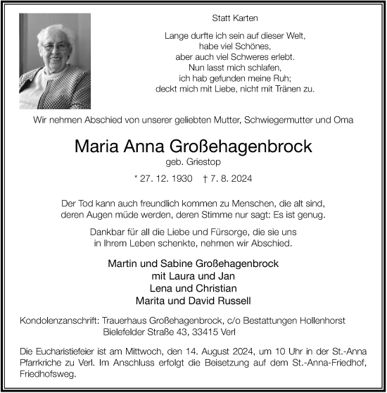 Traueranzeige von Maria Anna Großehagenbrock von Neue Westfälische