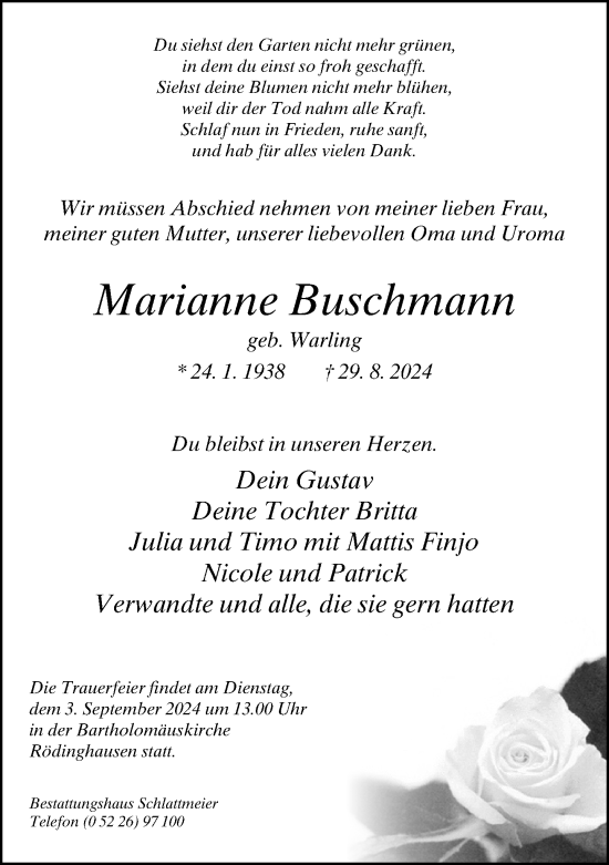 Traueranzeige von Marianne Buschmann von Neue Westfälische