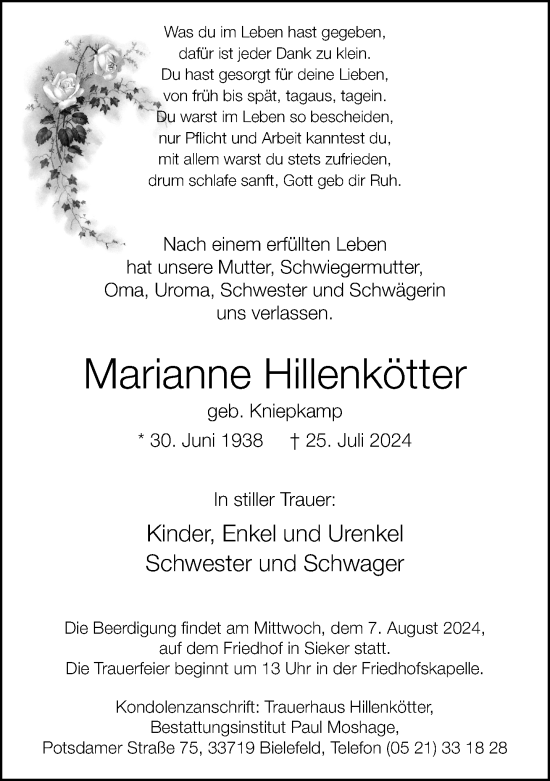 Traueranzeige von Marianne Hillenkötter von Neue Westfälische