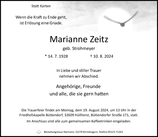 Traueranzeige von Marianne Zeitz von Neue Westfälische