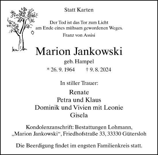 Traueranzeige von Marion Jankowski von Neue Westfälische