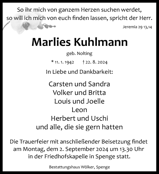 Traueranzeige von Marlies Kuhlmann von Neue Westfälische