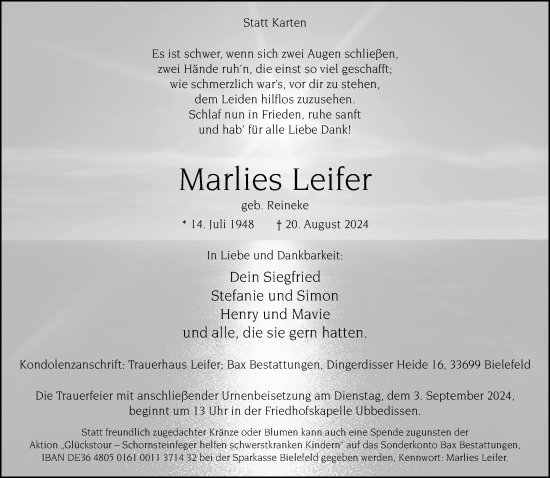 Traueranzeige von Marlies Leifer von Neue Westfälische