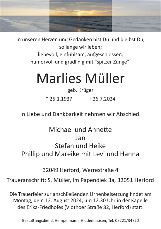 Traueranzeige von Marlies Müller von Neue Westfälische