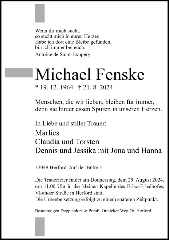 Traueranzeige von Michael Fenske von Neue Westfälische