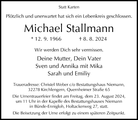 Traueranzeige von Michael Stallmann von Neue Westfälische