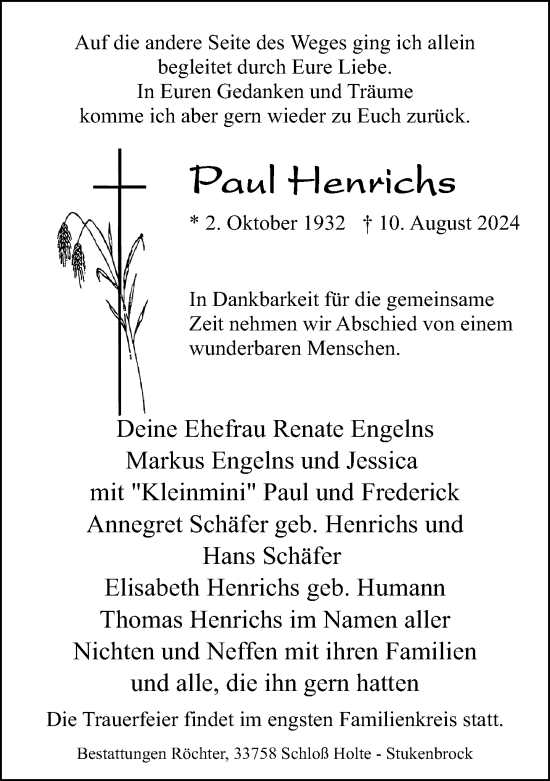 Traueranzeige von Paul Henrichs von Neue Westfälische