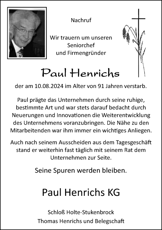 Traueranzeige von Paul Henrichs von Neue Westfälische