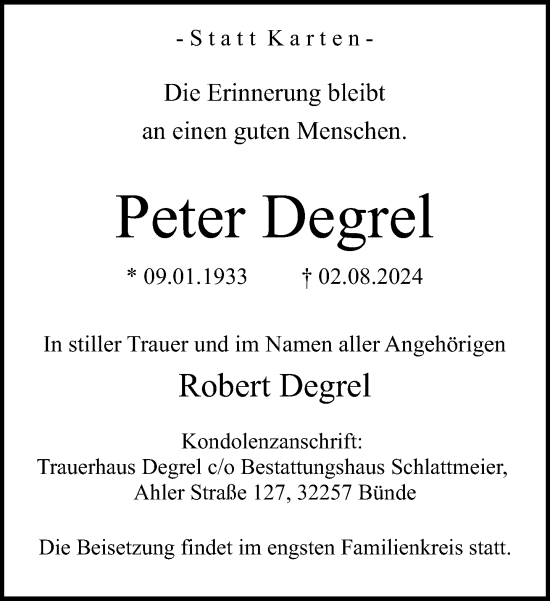 Traueranzeige von Peter Degrel von Neue Westfälische