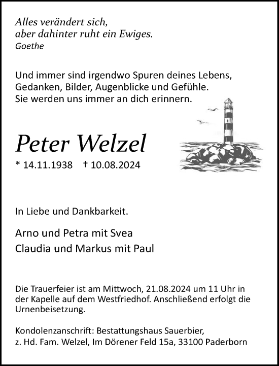 Traueranzeige von Peter Welzel von Neue Westfälische