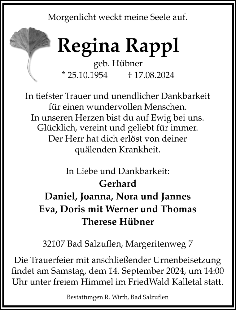  Traueranzeige für Regina Rappl vom 24.08.2024 aus Neue Westfälische