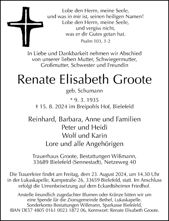 Traueranzeige von Renate Elisabeth Groote von Neue Westfälische