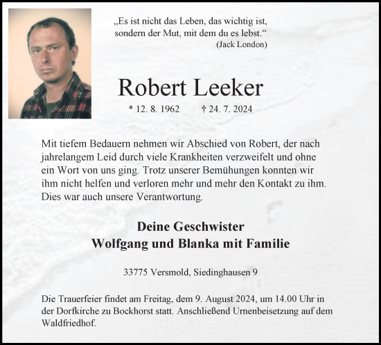 Traueranzeige von Robert Leeker von Neue Westfälische