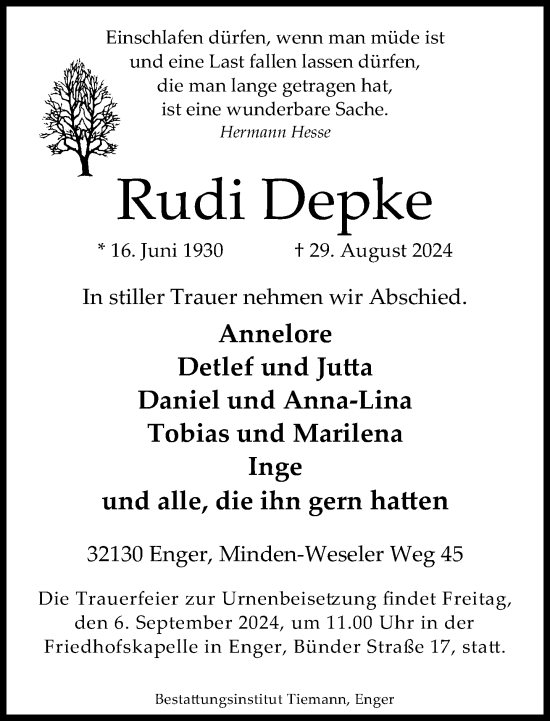 Traueranzeige von Rudi Depke von Neue Westfälische