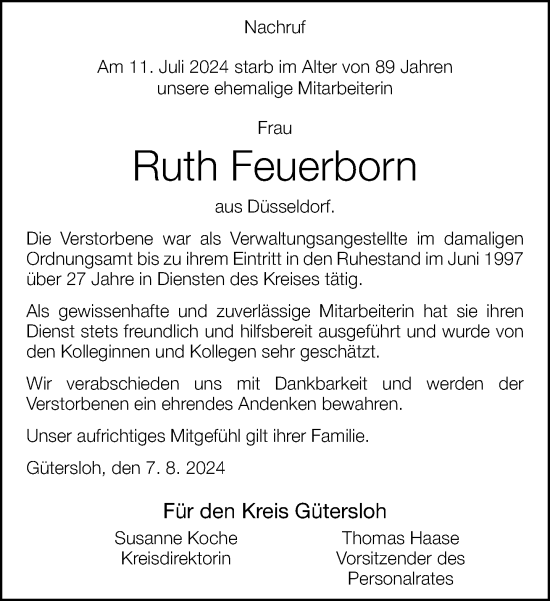 Traueranzeige von Ruth Feuerborn von Neue Westfälische