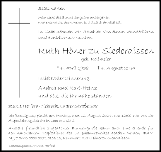 Traueranzeige von Ruth Höner zu Siederdissen von Neue Westfälische