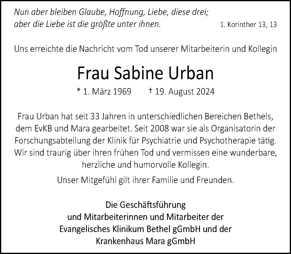  Traueranzeige für Sabine Urban vom 24.08.2024 aus Neue Westfälische