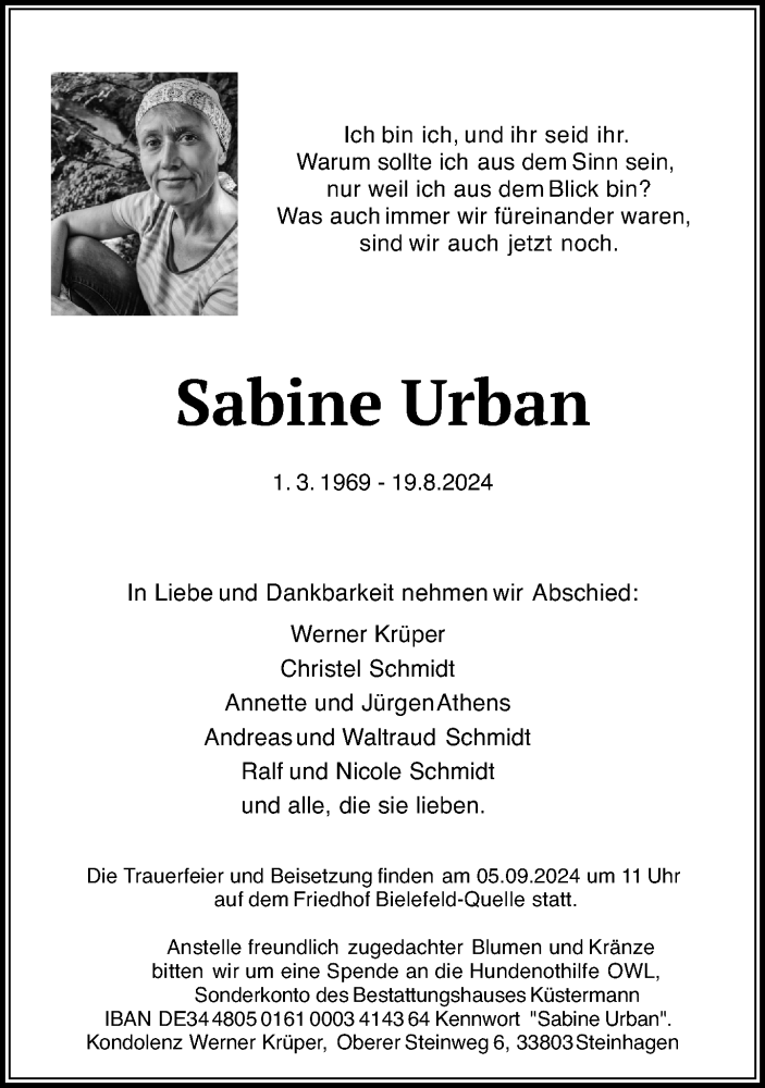  Traueranzeige für Sabine Urban vom 24.08.2024 aus Neue Westfälische