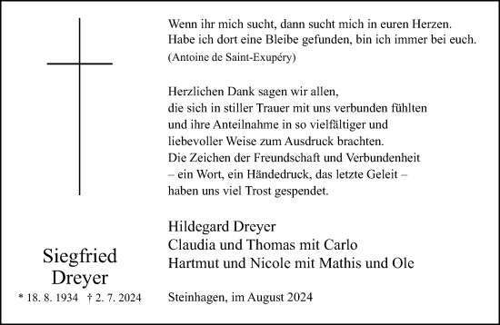 Traueranzeige von Siegfried Dreyer von Neue Westfälische