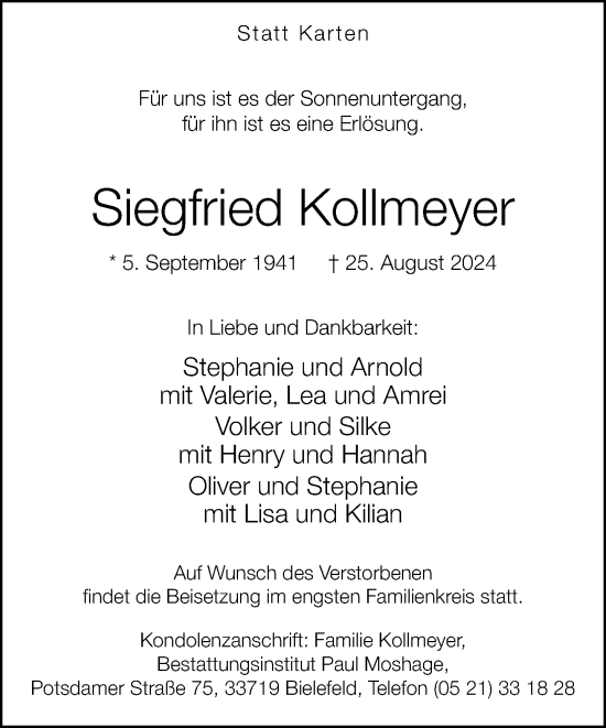 Traueranzeige von Siegfried Kollmeyer von Neue Westfälische