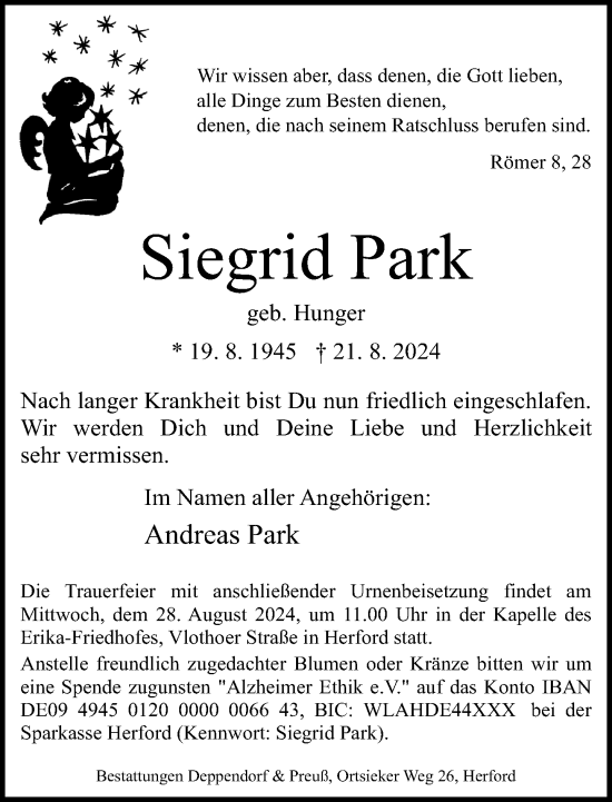 Traueranzeige von Siegrid Park von Neue Westfälische