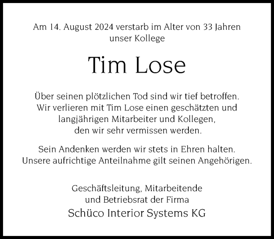 Traueranzeige von Tim Lose von Neue Westfälische