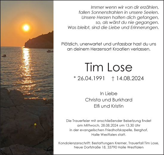 Traueranzeige von Tim Lose von Neue Westfälische