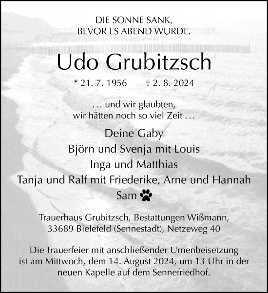 Traueranzeige von Udo Grubitzsch von Neue Westfälische