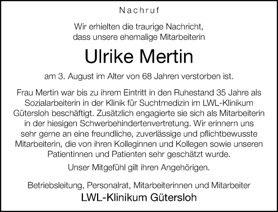 Traueranzeige von Ulrike Mertin von Neue Westfälische