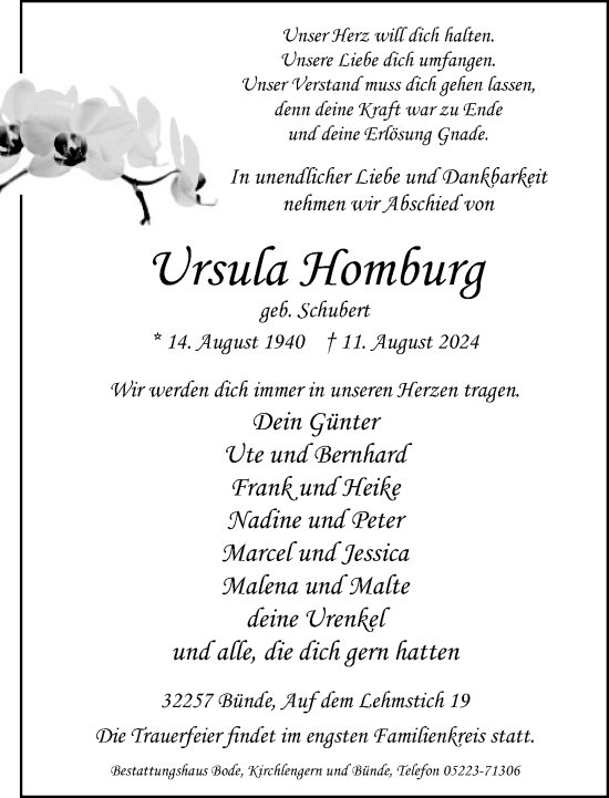 Traueranzeige von Ursula Homburg von Neue Westfälische