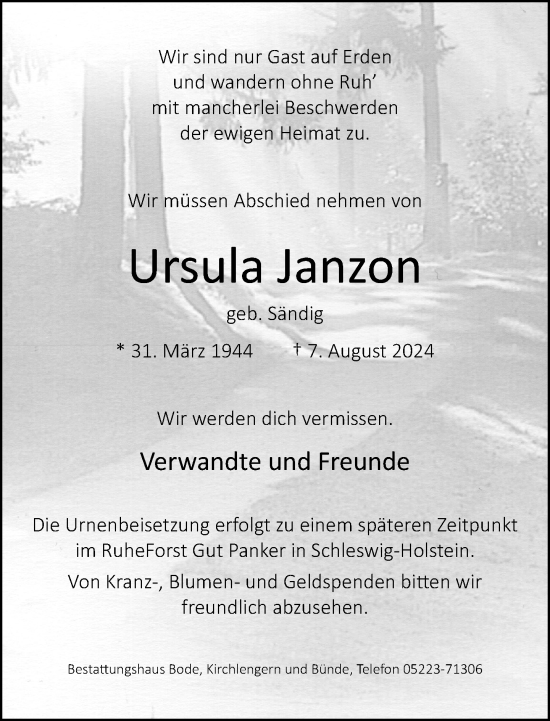 Traueranzeige von Ursula Janzon von Neue Westfälische