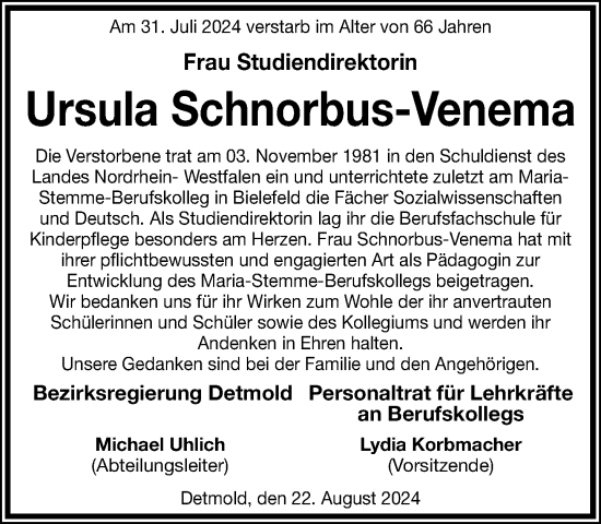 Traueranzeige von Ursula Schnorbus-Venema von Neue Westfälische