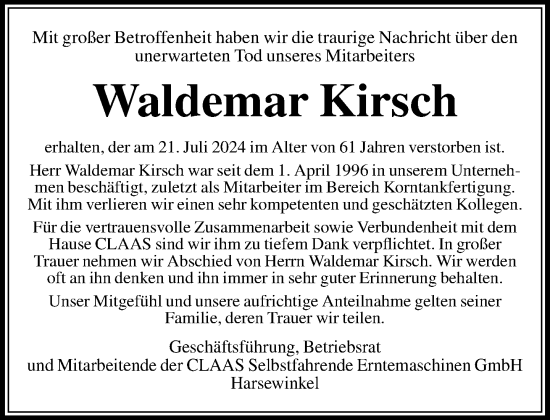 Traueranzeige von Waldemar Kirsch von Neue Westfälische