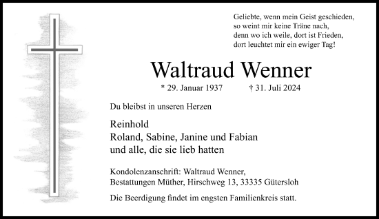 Traueranzeige von Waltraud Wenner von Neue Westfälische