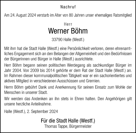 Traueranzeige von Werner Böhm von Neue Westfälische